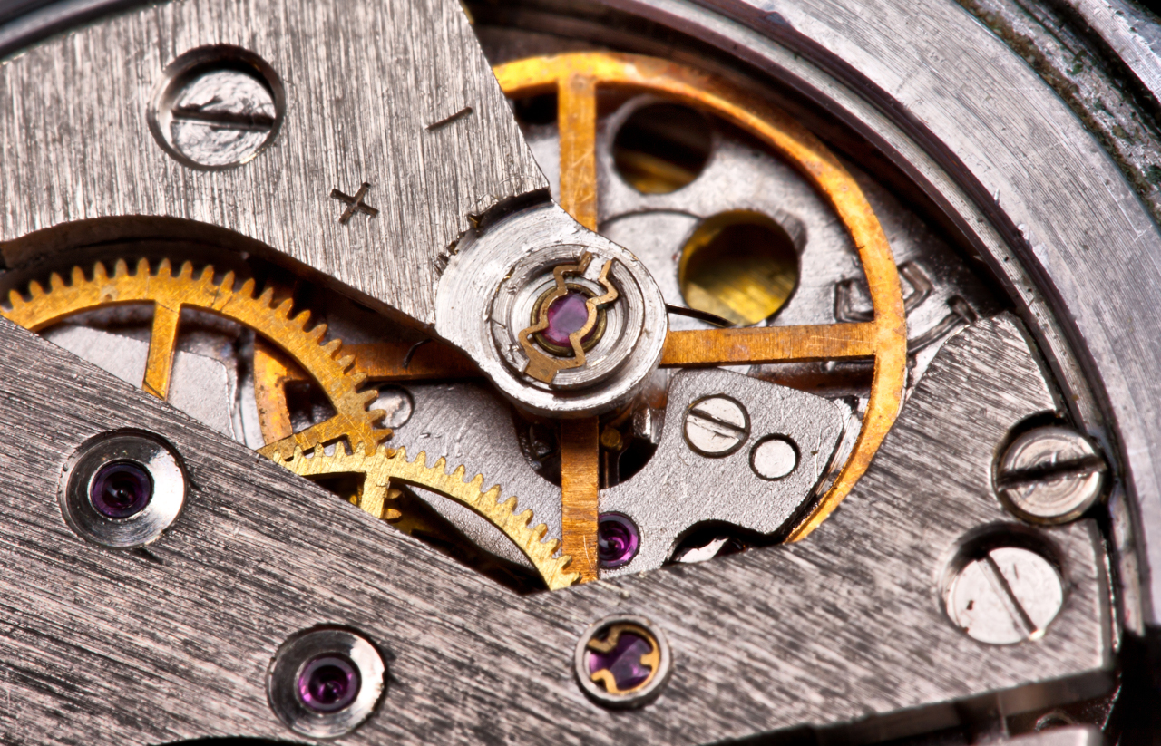 Closeup of the gears inside of a clock.